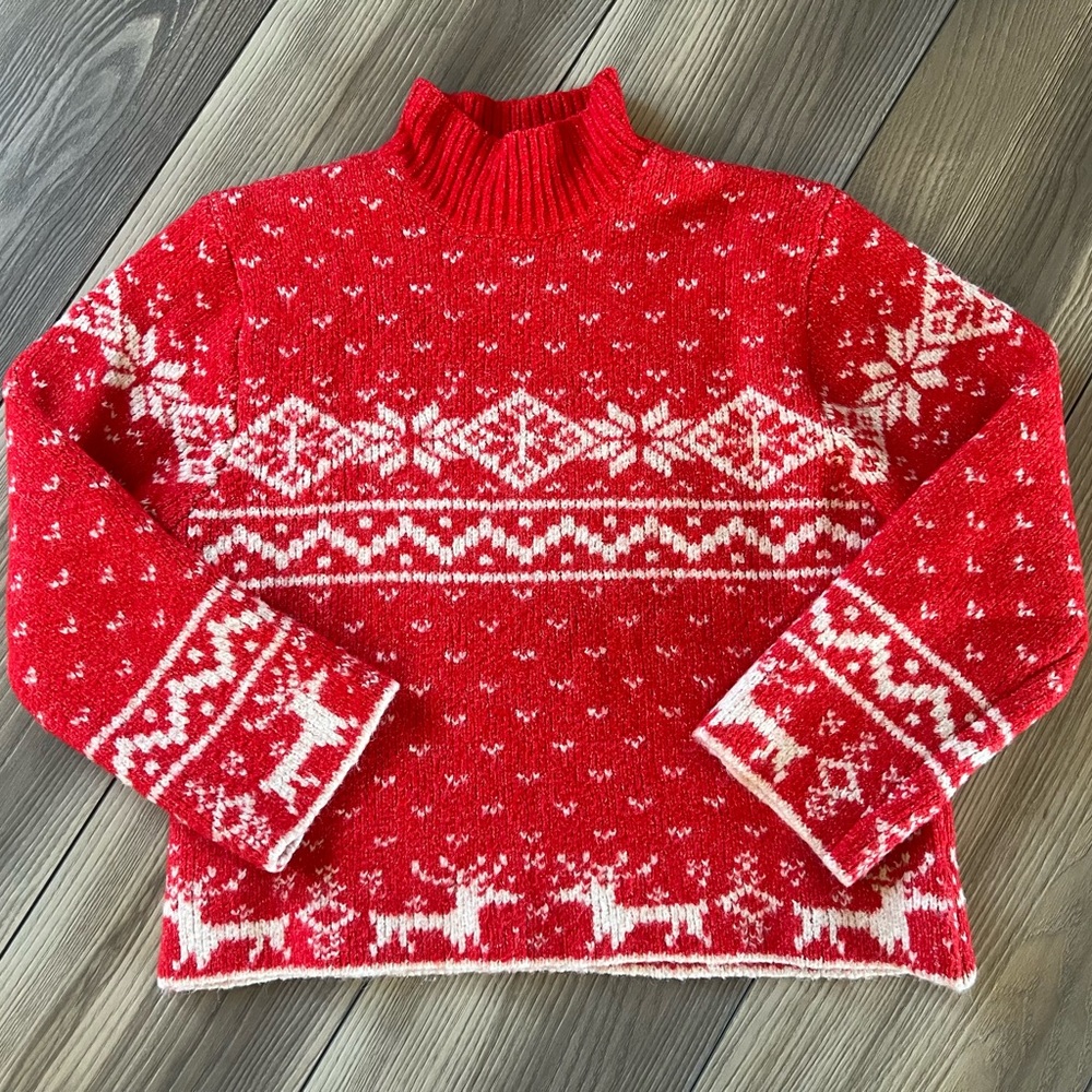 Red and White Knit Sweater with Nordic Pattern